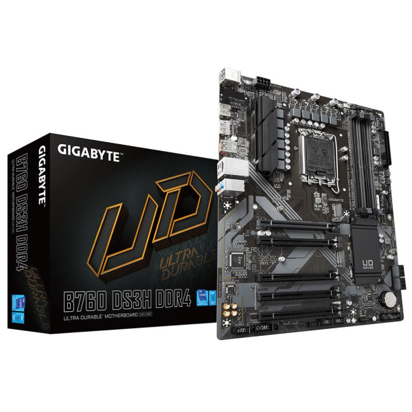 Mainboard GIGABYTE Intel B760 Express LGA1700 ATX Memory DDR4 Memory slots 4 4xPCI-Express 3.0 1x 1xPCI-Express 4.0 16x 2xM.2 1xHDMI 1xDisplayPort 4xUSB 2.0 1xUSB 3.2 1xUSB-C 1xPS/2 1xRJ45 3xAudio port B760DS3HDDR4