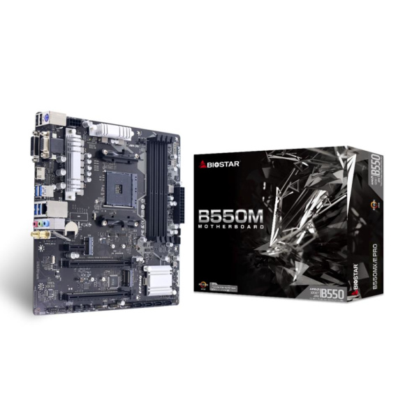 Mainboard BIOSTAR AMD B550 SAM4 MicroATX Memory DDR4 Memory slots 4 1xPCI-Express 3.0 1x 1xPCI-Express 3.0 16x 1xPCI-Express 4.0 16x 2xM.2 1x15pin D-sub 1xDVI-D 1xHDMI 2xUSB 2.0 4xUSB 3.2 1xPS/2 1xRJ45 3xAudio port B550MX/EPRO