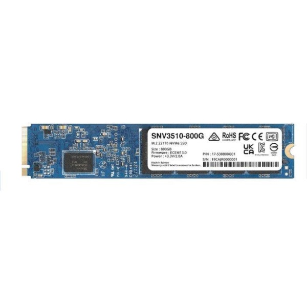 SSD SYNOLOGY 800GB M.2 PCIE NVMe Write speed 1000 MBytes/sec Read speed 3100 MBytes/sec TBW 1.022 TB MTBF 1800000 hours SNV3510-800G