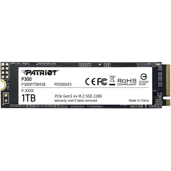 SSD PATRIOT P300 1TB M.2 PCIE NVMe 3D NAND Write speed 1650 MBytes/sec Read speed 2100 MBytes/sec 3.8mm TBW 480 TB P300P1TBM28