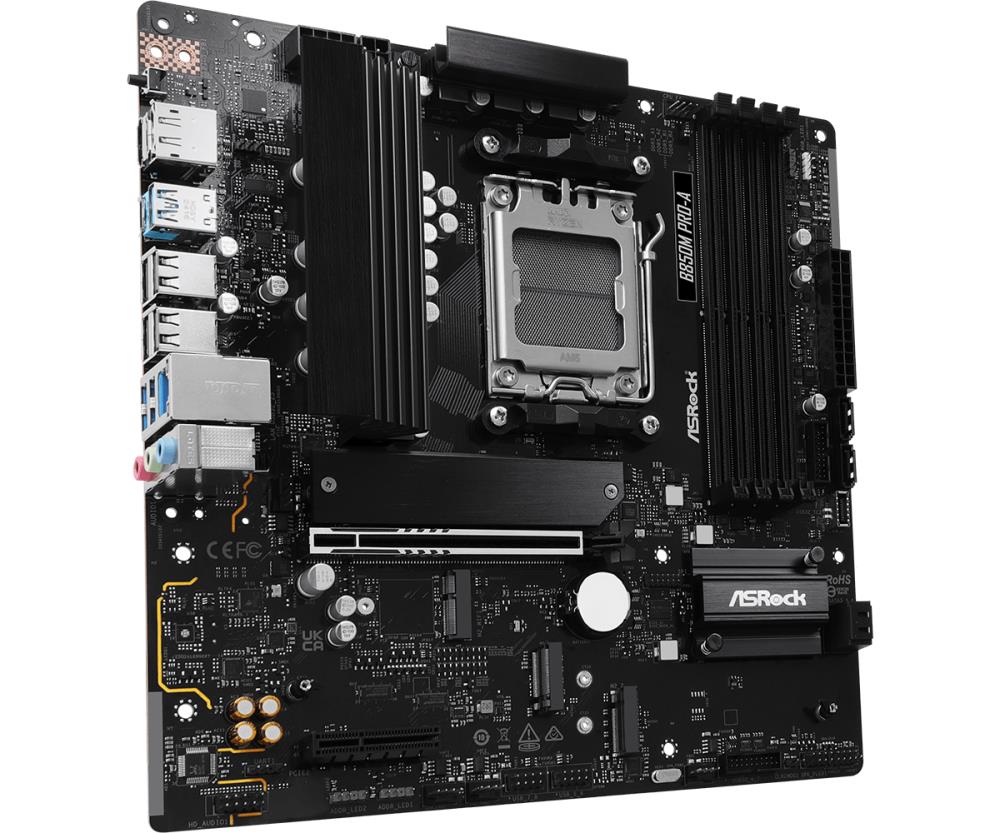 Mainboard ASROCK AMD B850 SAM5 Micro-ATX Memory DDR5 Memory slots 4 1xPCI-Express 4.0 4x 1xPCI-Express 5.0 16x 1xM.2 1xHDMI 1xDisplayPort 1xAudio-In 1xAudio-Out 1xMicrophone 4xUSB 2.0 3xUSB 3.2 1xUSB-C 1xRJ45 B850MPRO-A - Image 4