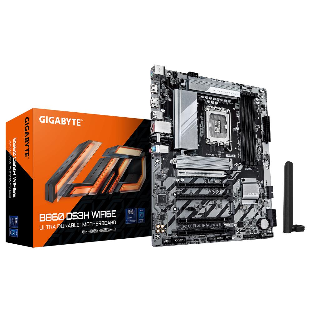Mainboard GIGABYTE Intel B860 Express LGA1851 ATX Memory DDR5 5xPCI-Express 16x 2xM.2 1xHDMI 1xDisplayPort 1xAudio-In 1xAudio-Out 1xMicrophone 1xUSB 2.0 1xUSB 3.2 1xUSB-C 1xPS/2 1xRJ45 B860DS3HWIFI6E1.0