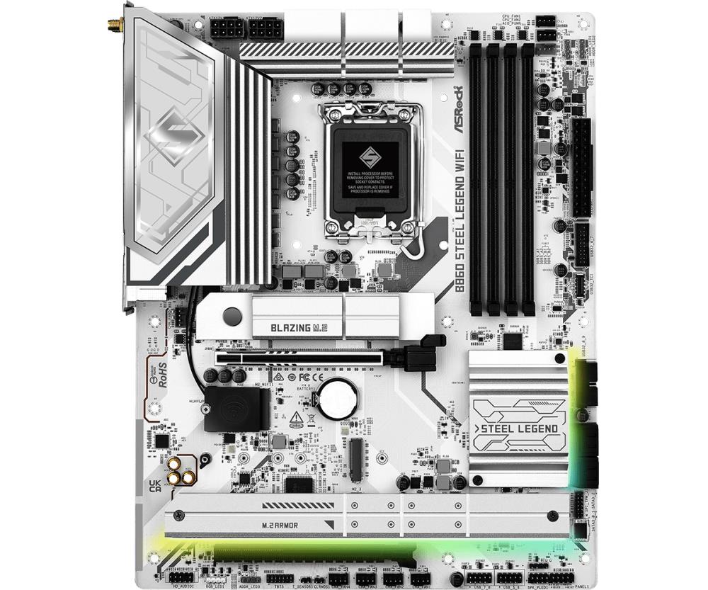 Mainboard ASROCK Intel B860 Express LGA1851 ATX Memory DDR5 Memory slots 4 1xPCI-Express 4.0 16x 1xPCI-Express 5.0 16x 1xM.2 1xHDMI 1xDisplayPort 1xAudio-Out 1xMicrophone 3xUSB 2.0 6xUSB 3.2 1xUSB-C w/Thunderbolt 1xOptical S/PDIF 1xRJ45 B860STEELLEGENDWIFI - Image 2
