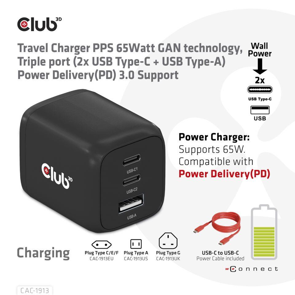 MOBILE CHARGER WALL 3PORT/GAN 65W CAC-1913EU CLUB3D - Image 3