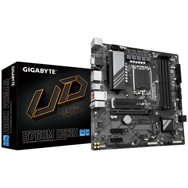 Mainboard GIGABYTE Intel B760 Express LGA1700 Micro-ATX Memory DDR5 Memory slots 4 2xPCI-Express 3.0 1x 1xPCI-Express 4.0 16x 2xM.2 1x15pin D-sub 1xHDMI 2xDisplayPort 2xUSB 2.0 3xUSB 3.2 1xUSB-C 1xPS/2 1xRJ45 3xAudio port B760MDS3H