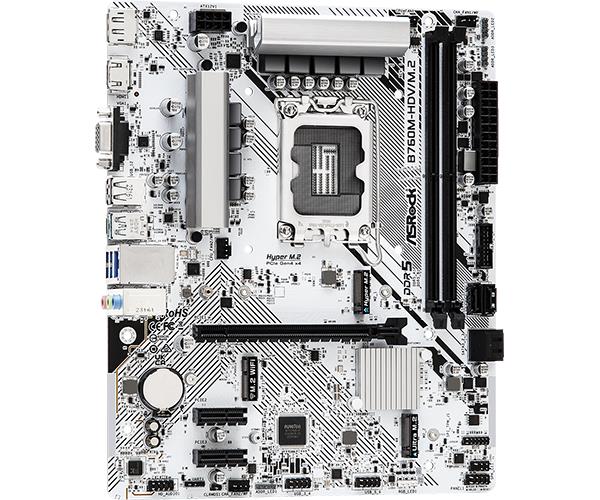 Mainboard ASROCK Intel B760 Express LGA1700 Micro-ATX Memory DDR5 Memory slots 2 2xPCI-Express 3.0 1x 1xPCI-Express 4.0 16x 1xM.2 1x15pin D-sub 1xHDMI 1xDisplayPort 1xAV-In 1xAV-out 1xMicrophone 2xUSB 2.0 3xUSB 3.2 1xUSB-C 1xRJ45 B760M-HDV/M.2 - Image 4