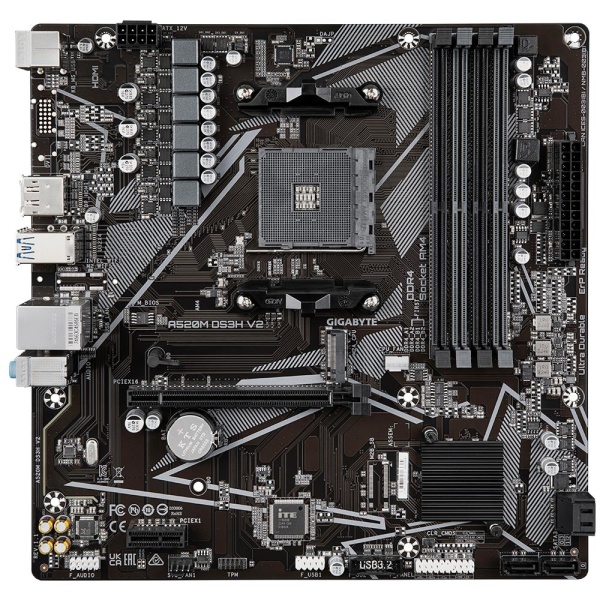 Mainboard GIGABYTE AMD A520 SAM4 Micro-ATX Memory DDR4 Memory slots 4 1xPCI-Express 3.0 1x 1xPCI-Express 3.0 16x 1xM.2 1xHDMI 1xDisplayPort 2xUSB 2.0 4xUSB 3.2 1xPS/2 1xRJ45 3xAudio port A520MDS3HV21.1 - Image 2