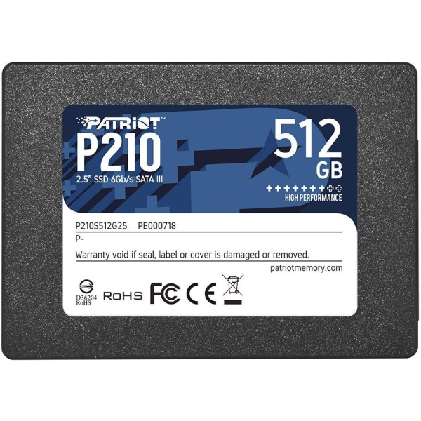 SSD PATRIOT P210 512GB SATA 3.0 Write speed 430 MBytes/sec Read speed 520 MBytes/sec 2,5" TBW 240 TB P210S512G25