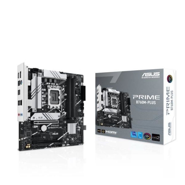 Mainboard ASUS Intel B760 Express LGA1700 Micro-ATX Memory DDR5 Memory slots 4 1xPCI-Express 4.0 1x 2xPCI-Express 4.0 16x 2xM.2 1xHDMI 1xDisplayPort 4xUSB 2.0 2xUSB 3.2 1xPS/2 1xRJ45 3xAudio port PRIMEB760M-PLUS