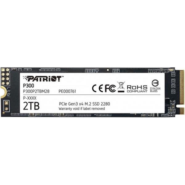 SSD PATRIOT P300 2TB M.2 PCIE NVMe QLC Write speed 1650 MBytes/sec Read speed 2100 MBytes/sec 3.8mm TBW 960 TB P300P2TBM28