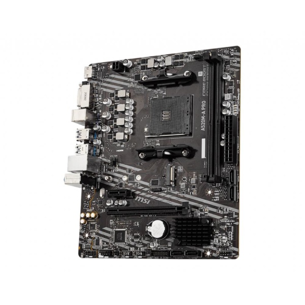 Mainboard MSI AMD A520 SAM4 MicroATX 1xPCI-Express 3.0 1x 1xPCI-Express 3.0 16x 1xM.2 Memory DDR4 Memory slots 2 1xDVI 1xHDMI 2xAudio-Out 2xUSB 2.0 4xUSB 3.2 1xRJ45 A520M-APRO - Image 2