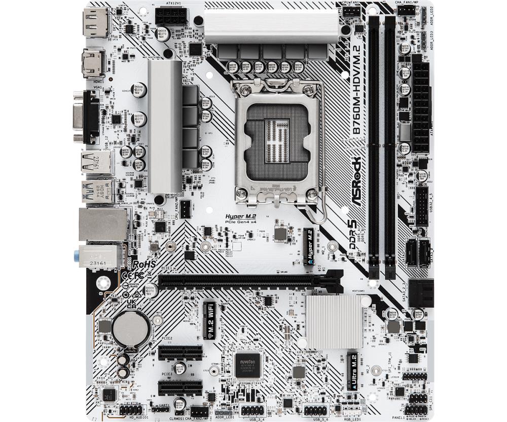 Mainboard ASROCK Intel B760 Express LGA1700 Micro-ATX Memory DDR5 Memory slots 2 2xPCI-Express 3.0 1x 1xPCI-Express 4.0 16x 1xM.2 1x15pin D-sub 1xHDMI 1xDisplayPort 1xAV-In 1xAV-out 1xMicrophone 2xUSB 2.0 3xUSB 3.2 1xUSB-C 1xRJ45 B760M-HDV/M.2 - Image 2