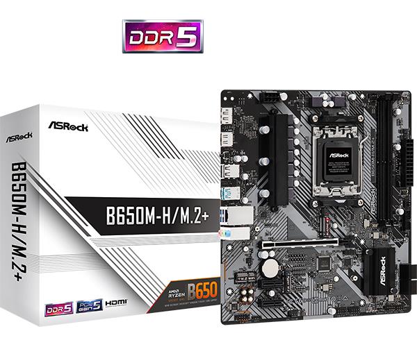 Mainboard ASROCK AMD B650 SAM5 Micro-ATX Memory DDR5 Memory slots 2 1xPCI-E 2xPCI-Express 4.0 1x 1xPCI-Express 4.0 16x 1xM.2 1xHDMI 1xDisplayPort 1xAudio-In 1xAudio-Out 1xMicrophone 2xUSB 2.0 3xUSB 3.2 1xUSB-C 1xRJ45 B650M-H/M.2+