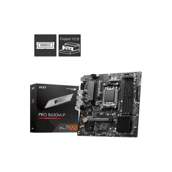 Mainboard MSI AMD B650 SAM5 Micro-ATX Memory DDR5 Memory slots 4 2xPCI-Express 1x 1xPCI-Express 16x 2xM.2 1x15pin D-sub 1xHDMI 1xDisplayPort 4xUSB 2.0 4xUSB 3.2 1xPS/2 1xRJ45 3xAudio port PROB650M-P