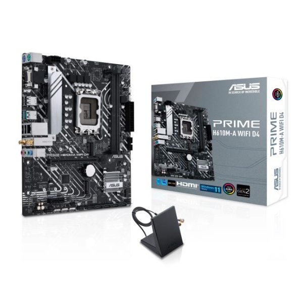 Mainboard ASUS Intel H610 LGA1700 Micro-ATX Memory DDR4 Memory slots 2 1xPCI-Express 3.0 1x 1xPCI-Express 4.0 16x 2xM.2 1x15pin D-sub 1xHDMI 1xDisplayPort 2xAudio-In 1xAudio-Out 4xUSB 2.0 2xUSB 3.2 2xPS/2 1xRJ45 2xRF-Out H610M-AWIFID4