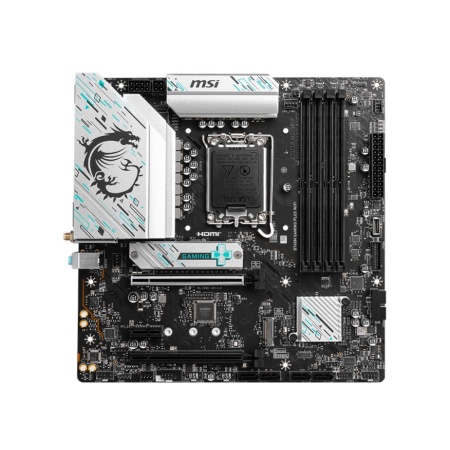 Mainboard MSI Intel B760 Express LGA1700 Micro-ATX Memory DDR5 Memory slots 4 1xPCI-Express 3.0 1x 1xPCI-Express 4.0 4x	 1xPCI-Express 4.0 16x 2xM.2 2xHDMI 2xDisplayPort 2xUSB 2.0 4xUSB 3.2 1xPS/2 1xRJ45 3xAudio port B760MGAMINGPLUSWIFI - Image 2