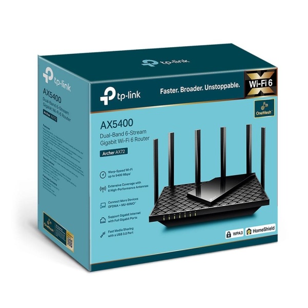 Wireless Router TP-LINK Wireless Router 5400 Mbps Wi-Fi 6 IEEE 802.11a IEEE 802.11 b/g IEEE 802.11n IEEE 802.11ac IEEE 802.11ax USB 3.0 3x10/100/1000M 1x2.5GbE LAN  WAN ports 1 Number of antennas 6 ARCHERAX72PRO - Image 4