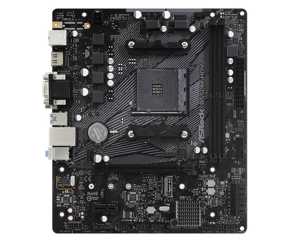 Mainboard ASROCK AMD B550 SAM4 MicroATX 1xPCI-Express 3.0 1x 1xM.2 1xPCI-Express 4.0 16x Memory DDR4 Memory slots 2 1x15pin D-sub 1xDVI 1xHDMI 2xUSB 2.0 4xUSB 3.2 1xPS/2 1xRJ45 3xAudio port B550M-HDV - Image 2