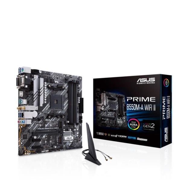 Mainboard ASUS AMD B550 SAM4 MicroATX Memory DDR4 Memory slots 4 2xPCI-Express 3.0 1x 1xPCI-Express 4.0 16x 2xM.2 1x15pin D-sub 1xDVI-D 1xHDMI 2xAudio-In 1xAudio-Out 6xUSB 3.2 1xPS/2 1xRJ45 PRIMEB550M-AWIFIII