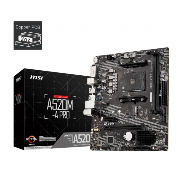 Mainboard MSI AMD A520 SAM4 MicroATX 1xPCI-Express 3.0 1x 1xPCI-Express 3.0 16x 1xM.2 Memory DDR4 Memory slots 2 1xDVI 1xHDMI 2xAudio-Out 2xUSB 2.0 4xUSB 3.2 1xRJ45 A520M-APRO