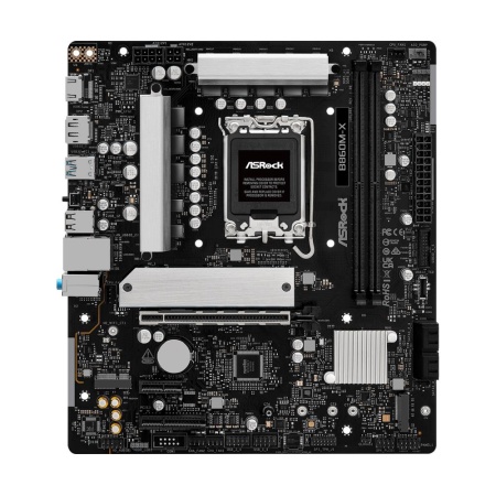 Mainboard ASROCK Intel B860 Express LGA1851 Micro-ATX Memory DDR5 Memory slots 2 1xPCI-Express 4.0 1x 1xPCI-Express 4.0 4x	 1xPCI-Express 4.0 16x 1xM.2 1xHDMI 1xDisplayPort 1xAudio-In 1xAudio-Out 1xMicrophone 2xUSB 2.0 3xUSB 3.2 1xUSB-C 1xRJ45 B860M-X - Image 2