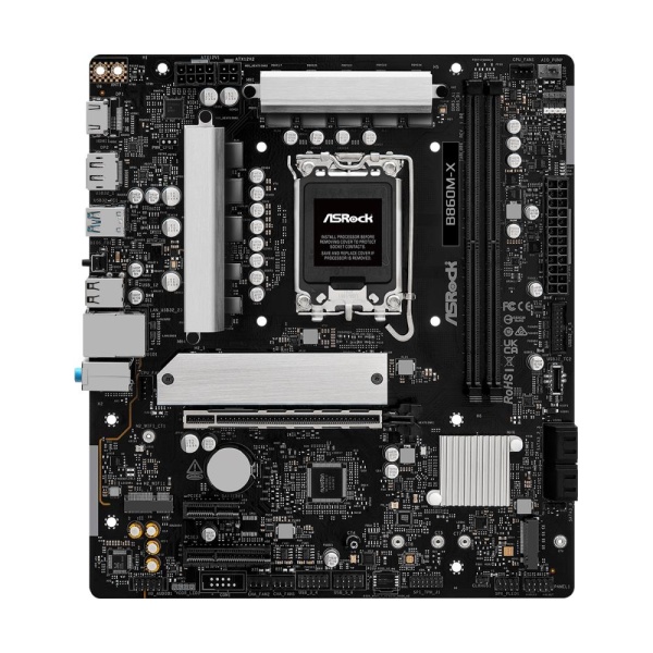 Mainboard ASROCK Intel B860 Express LGA1851 Micro-ATX Memory DDR5 Memory slots 2 1xPCI-Express 4.0 1x 1xPCI-Express 4.0 4x	 1xPCI-Express 4.0 16x 1xM.2 1xHDMI 1xDisplayPort 1xAudio-In 1xAudio-Out 1xMicrophone 2xUSB 2.0 3xUSB 3.2 1xUSB-C 1xRJ45 B860M-X - Image 2