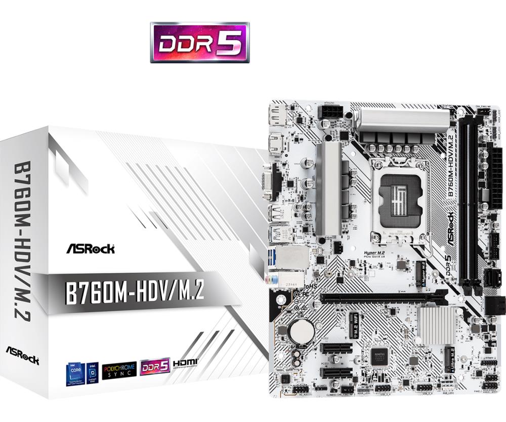 Mainboard ASROCK Intel B760 Express LGA1700 Micro-ATX Memory DDR5 Memory slots 2 2xPCI-Express 3.0 1x 1xPCI-Express 4.0 16x 1xM.2 1x15pin D-sub 1xHDMI 1xDisplayPort 1xAV-In 1xAV-out 1xMicrophone 2xUSB 2.0 3xUSB 3.2 1xUSB-C 1xRJ45 B760M-HDV/M.2