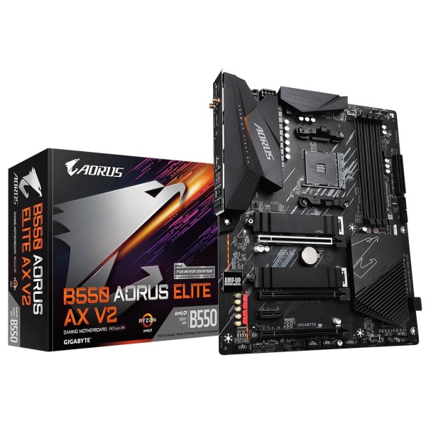 Mainboard GIGABYTE AMD B550 SAM4 ATX Memory DDR4 Memory slots 4 2xPCI-Express 3.0 1x 1xPCI-Express 3.0 2x 1xPCI-Express 4.0 16x 2xM.2 1xHDMI 1xDisplayPort 2xAudio-In 3xAudio-Out 2xUSB 2.0 5xUSB 3.2 1xOptical S/PDIF 1xRJ45 2xRF-Out B550AORUSELITEAXV2