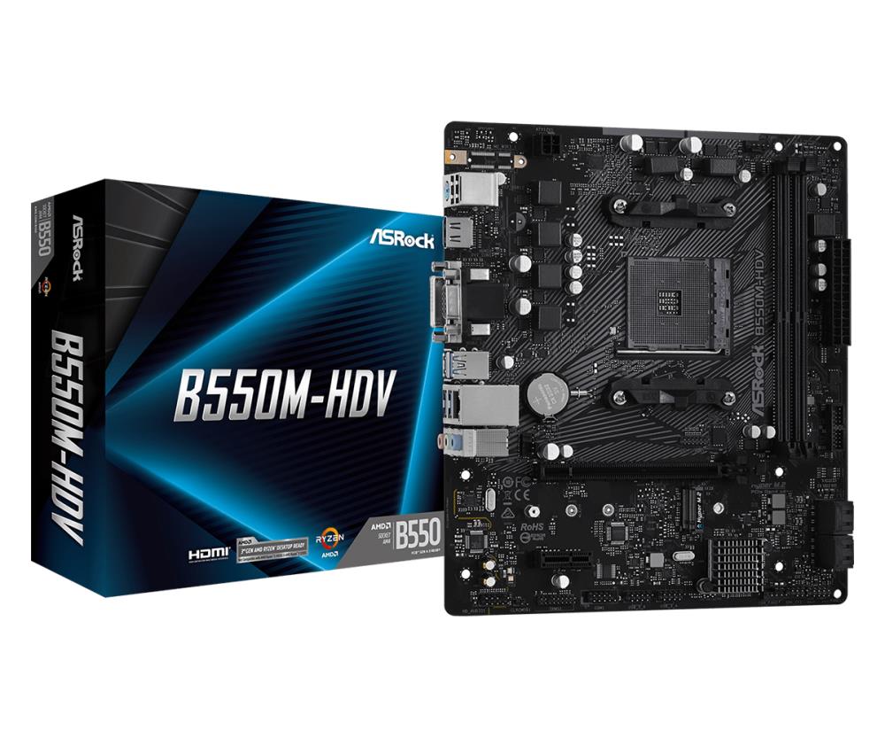 Mainboard ASROCK AMD B550 SAM4 MicroATX 1xPCI-Express 3.0 1x 1xM.2 1xPCI-Express 4.0 16x Memory DDR4 Memory slots 2 1x15pin D-sub 1xDVI 1xHDMI 2xUSB 2.0 4xUSB 3.2 1xPS/2 1xRJ45 3xAudio port B550M-HDV