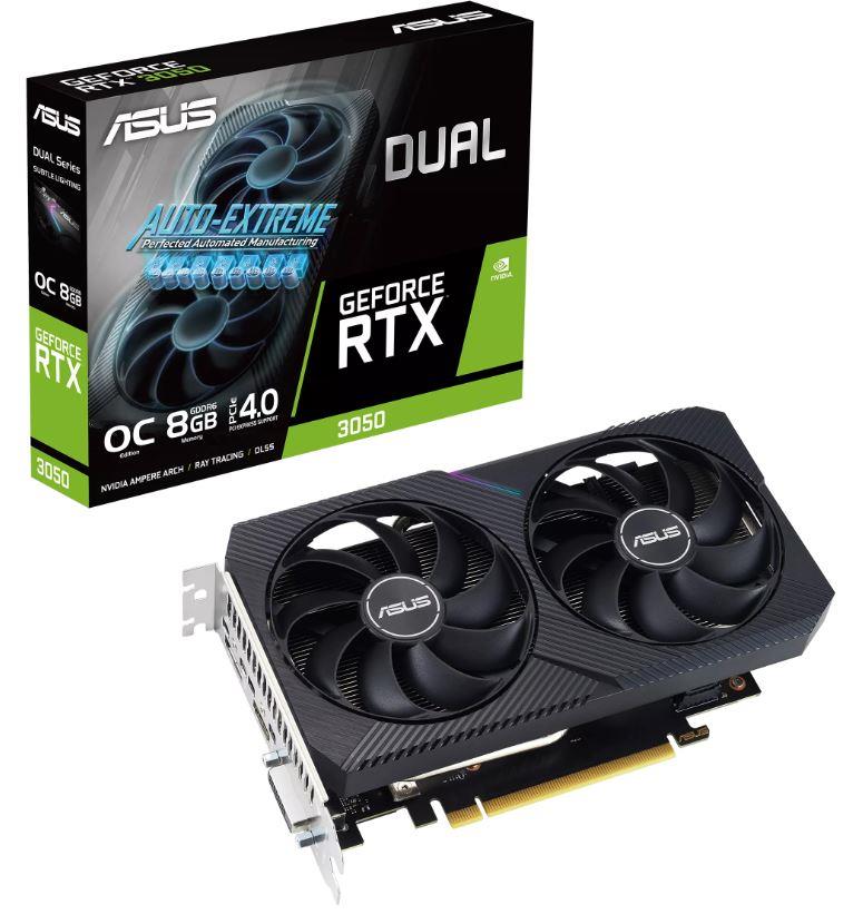 Graphics Card ASUS NVIDIA GeForce RTX 3050 8 GB GDDR6 128 bit PCIE 4.0 16x Dual Slot Fansink 1xDVI-D 1xHDMI 1xDisplayPort DUAL-RTX3050-O8G-V2