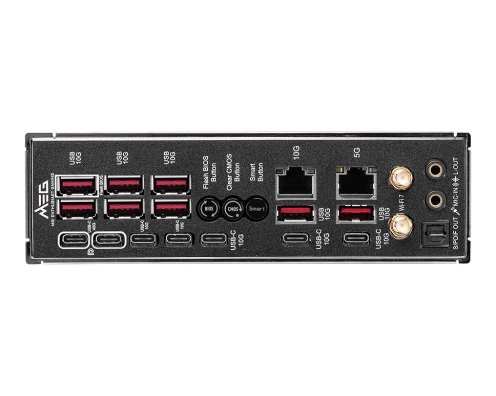 Mainboard MSI AMD X870E SAM5 EATX Memory DDR5 Memory slots 4 1xPCI-Express 1x 2xPCI-Express 16x 7xM.2 1xAudio-In 1xAudio-Out 4xUSB 2.0 4xUSB 3.2 4xUSB-C 1xOptical S/PDIF 2xRJ45 2xAudio port MEGX870EGODLIKE - Image 5