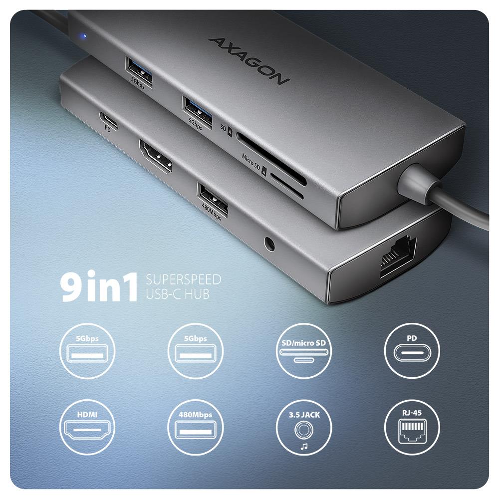 I/O HUB USB-C 9IN1 5GBPS/0.2M HMC-8HLSA AXAGON - Image 2