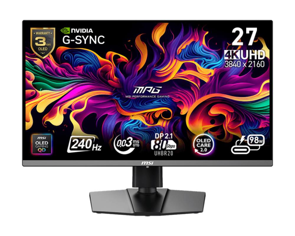 Monitor MSI MPG 272URX QD-OLED 27" Gaming/4K Matte Panel QD-OLED 3840x2160 16:9 240 ?? 0.03 ms Swivel Pivot Height adjustable Tilt Colour Black MPG272URXQD-OLED