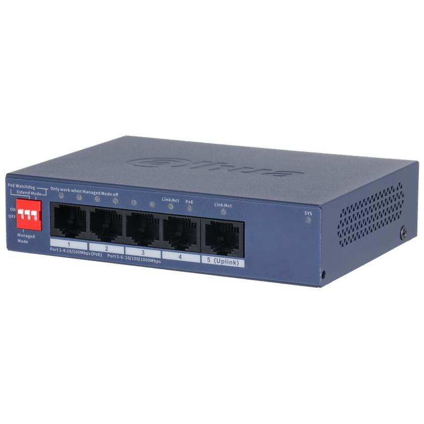 Switch DAHUA DH-CS4005-4ET1GT-36 Switch layer L2 4xRJ-45 ports RJ-45 Ports Type Fast Ethernet (10/100) 1xGigabit Ethernet (copper) ports quantity 4xPower over Ethernet (PoE) ports quantity Total Power over Ethernet (PoE) budget 36 W CS4005-4ET1GT-36