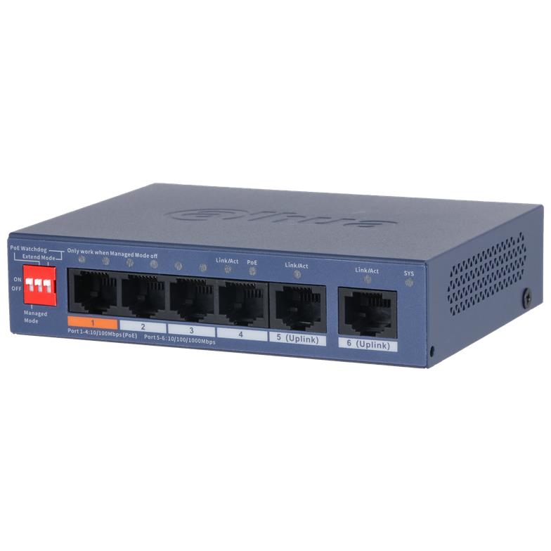 Switch DAHUA DH-CS4006-4ET2GT-60 Switch layer L2 2xRJ-45 ports RJ-45 Ports Type Fast Ethernet (10/100) 4xGigabit Ethernet (copper) ports quantity Power over Ethernet (PoE) Yes 4xPower over Ethernet (PoE) ports quantity Total Power over Ethernet (PoE) budget 60 W CS4006-4ET2GT-60