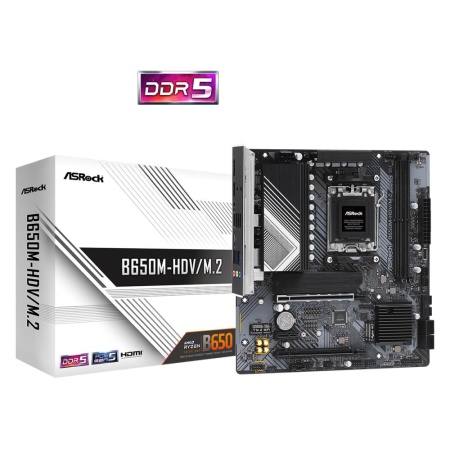 Mainboard ASROCK AMD B650 SAM5 Micro-ATX Memory DDR5 Memory slots 2 1xPCI-Express 4.0 1x 2xPCI-Express 4.0 16x 1xM.2 1xHDMI 1xDisplayPort 1xAudio-In 1xAudio-Out 1xMicrophone 4xUSB 2.0 2xUSB 3.2 1xUSB-C 1xRJ45 B650M-HDV/M.2