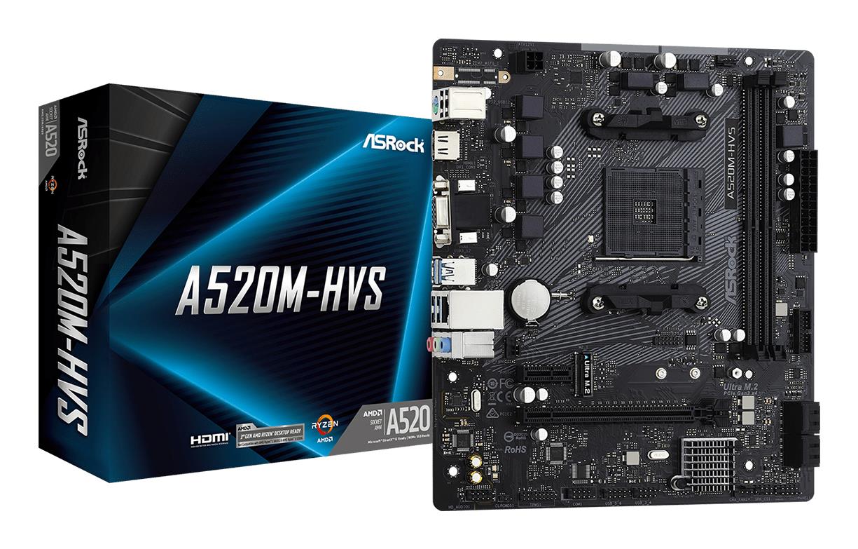 Mainboard ASROCK AMD A520 SAM4 Micro-ATX Memory DDR4 Memory slots 2 1xPCI-Express 3.0 1x 1xPCI-Express 3.0 16x 1xM.2 1x15pin D-sub 1xHDMI 2xAudio-In 1xAudio-Out 2xUSB 2.0 4xUSB 3.2 1xPS/2 1xRJ45 A520M-HVS - Image 2