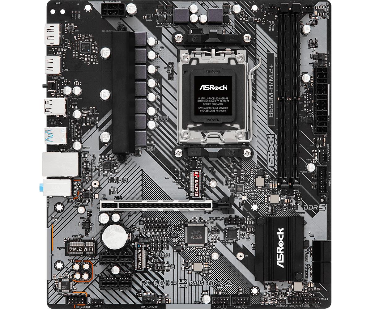 Mainboard ASROCK AMD B650 SAM5 Micro-ATX Memory DDR5 Memory slots 2 1xPCI-E 2xPCI-Express 4.0 1x 1xPCI-Express 4.0 16x 1xM.2 1xHDMI 1xDisplayPort 1xAudio-In 1xAudio-Out 1xMicrophone 2xUSB 2.0 3xUSB 3.2 1xUSB-C 1xRJ45 B650M-H/M.2+ - Image 7
