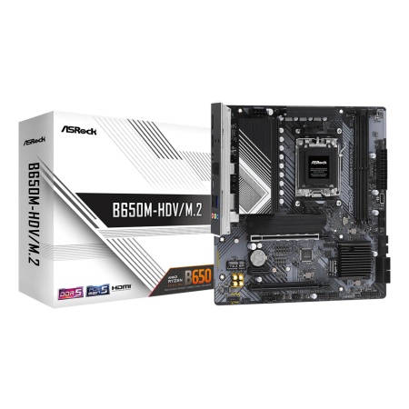 Mainboard ASROCK AMD B650 SAM5 Micro-ATX Memory DDR5 Memory slots 2 1xPCI-Express 4.0 1x 2xPCI-Express 4.0 16x 1xM.2 1xHDMI 1xDisplayPort 1xAudio-In 1xAudio-Out 1xMicrophone 4xUSB 2.0 2xUSB 3.2 1xUSB-C 1xRJ45 B650M-HDV/M.2