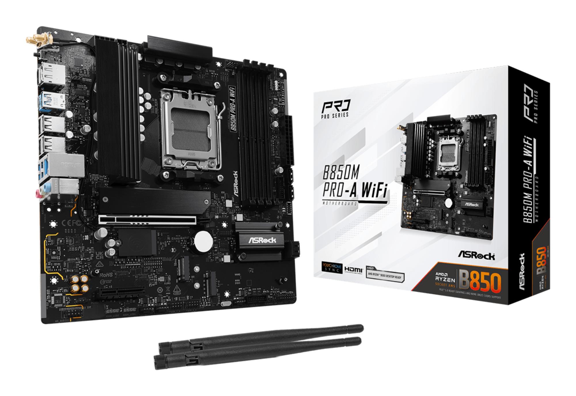 Mainboard ASROCK 1xPCI-Express 4.0 4x 1xPCI-Express 5.0 16x 1xM.2 1xHDMI 1xDisplayPort 1xAudio-In 1xAudio-Out 1xMicrophone 4xUSB 2.0 3xUSB 3.2 1xUSB-C 1xRJ45 B850MPRO-AWIFI