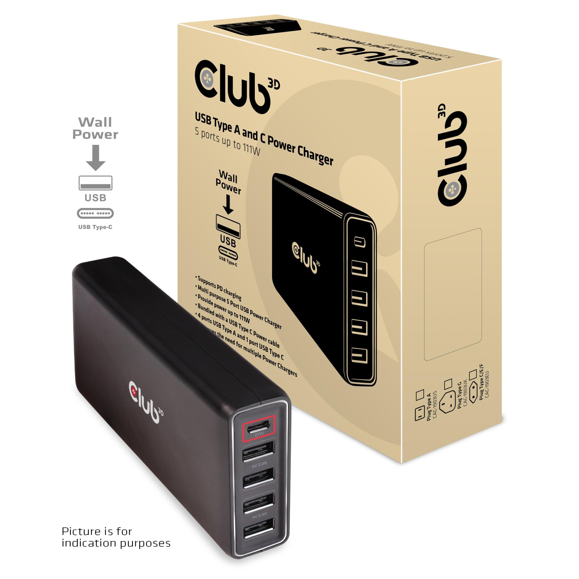 MOBILE CHARGER WALL 5P + CABLE/USB 111W CAC-1903EU CLUB3D - Image 2