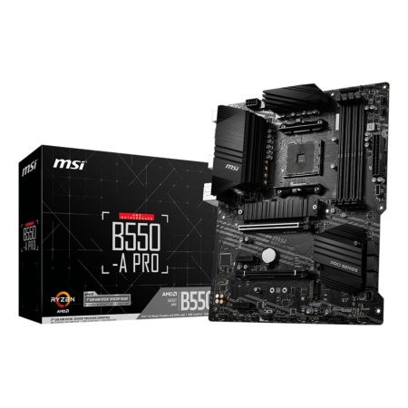 Mainboard MSI AMD B550 SAM4 ATX 2xPCI-Express 3.0 1x 1xPCI-Express 3.0 4x 2xM.2 1xPCI-Express 4.0 16x Memory DDR4 Memory slots 4 1xDisplayPort 2xAudio-In 4xAudio-Out 4xUSB 2.0 1xUSB type C 3xUSB 3.2 1xPS/2 1xRJ45 B550-APRO
