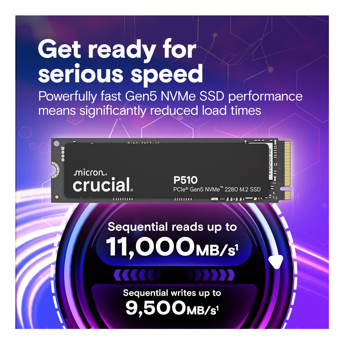 SSD CRUCIAL 600xTBW rating Read speed 11000 MB/s Write speed 9500 MB/s NVMe Yes PCI Express 5.0 M.2 1000 GB P510 CT1000P510SSD8 - Image 2