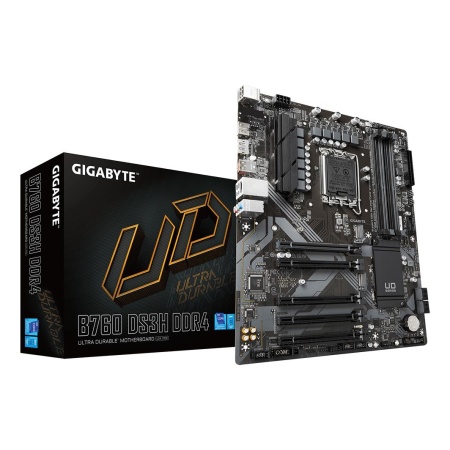 Mainboard GIGABYTE Intel B760 Express LGA1700 ATX Memory DDR4 Memory slots 4 4xPCI-Express 3.0 1x 1xPCI-Express 4.0 16x 2xM.2 1xHDMI 1xDisplayPort 4xUSB 2.0 1xUSB 3.2 1xUSB-C 1xPS/2 1xRJ45 3xAudio port B760DS3HDDR4