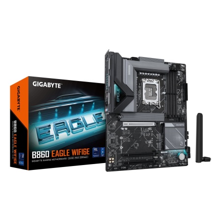 Mainboard GIGABYTE Intel B860 Express LGA1851 ATX Memory DDR5 Memory slots 4 3xPCI-Express 16x 3xM.2 1xHDMI 1xDisplayPort 1xAudio-In 1xAudio-Out 1xMicrophone 4xUSB 2.0 1xUSB 3.2 1xUSB-C 1xPS/2 1xRJ45 B860EAGLEWIFI6E1.0