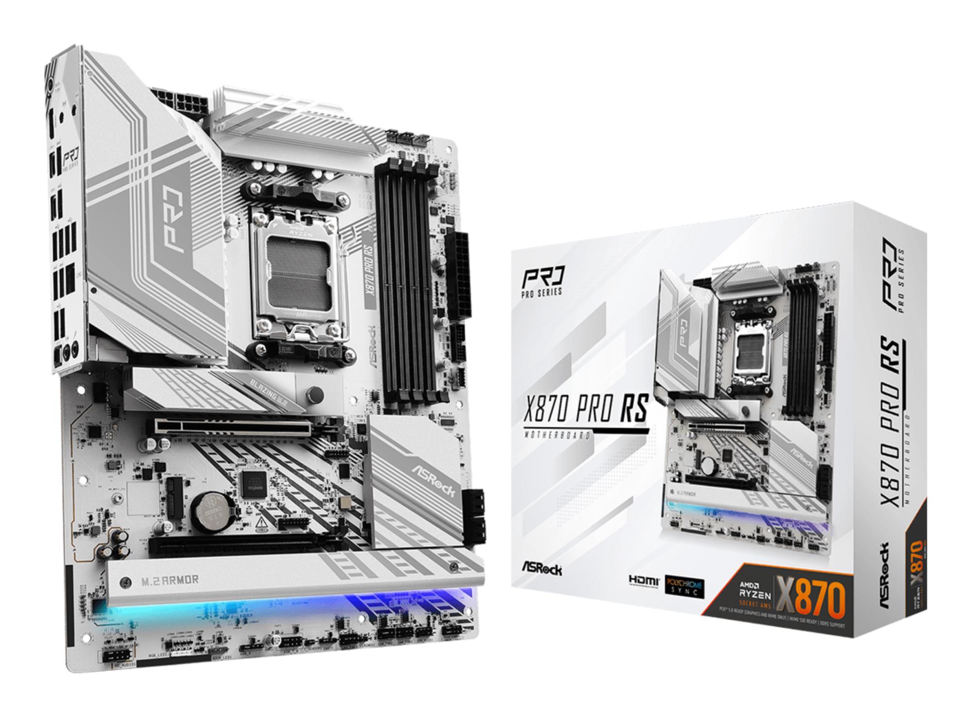 Mainboard ASROCK AMD X870 SAM5 ATX Memory DDR5 Memory slots 4 1xPCI-Express 4.0 16x 1xPCI-Express 5.0 16x 4xM.2 1xHDMI 6xUSB 2.0 4xUSB 3.2 2xUSB-C 1xOptical S/PDIF 1xRJ45 2xAudio port X870PRORS