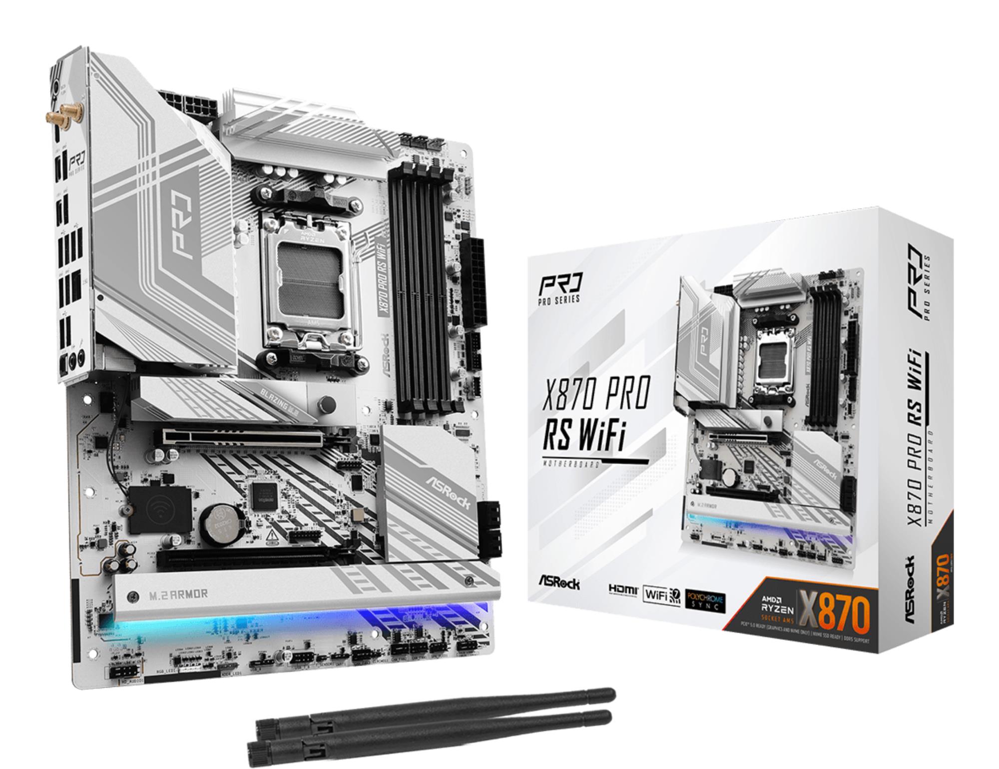 Mainboard ASROCK AMD X870 SAM5 ATX Memory DDR5 Memory slots 4 1xPCI-Express 4.0 16x 1xPCI-Express 5.0 16x 4xM.2 1xHDMI 6xUSB 2.0 4xUSB 3.2 2xUSB-C 1xOptical S/PDIF 1xRJ45 2xAudio port X870PRORSWIFI