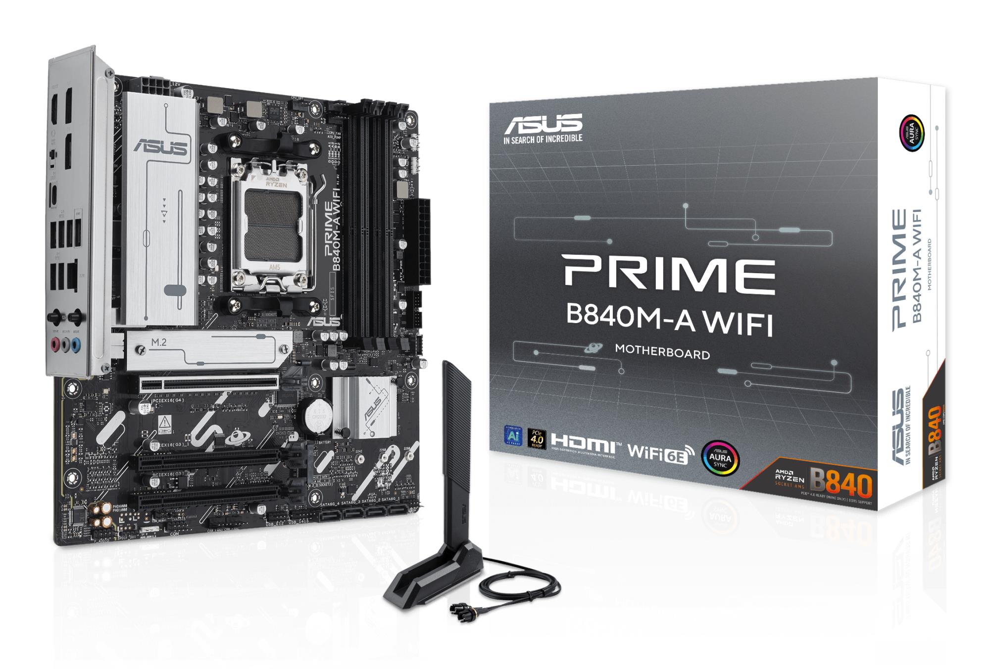 Mainboard ASUS AMD B840 SAM5 Micro-ATX Memory DDR5 Memory slots 4 2xPCI-Express 3.0 16x 1xPCI-Express 4.0 16x 3xM.2 1xHDMI 2xDisplayPort 4xUSB 2.0 2xUSB 3.2 1xUSB-C 1xRJ45 3xAudio port PRIMEB840M-AWIFI