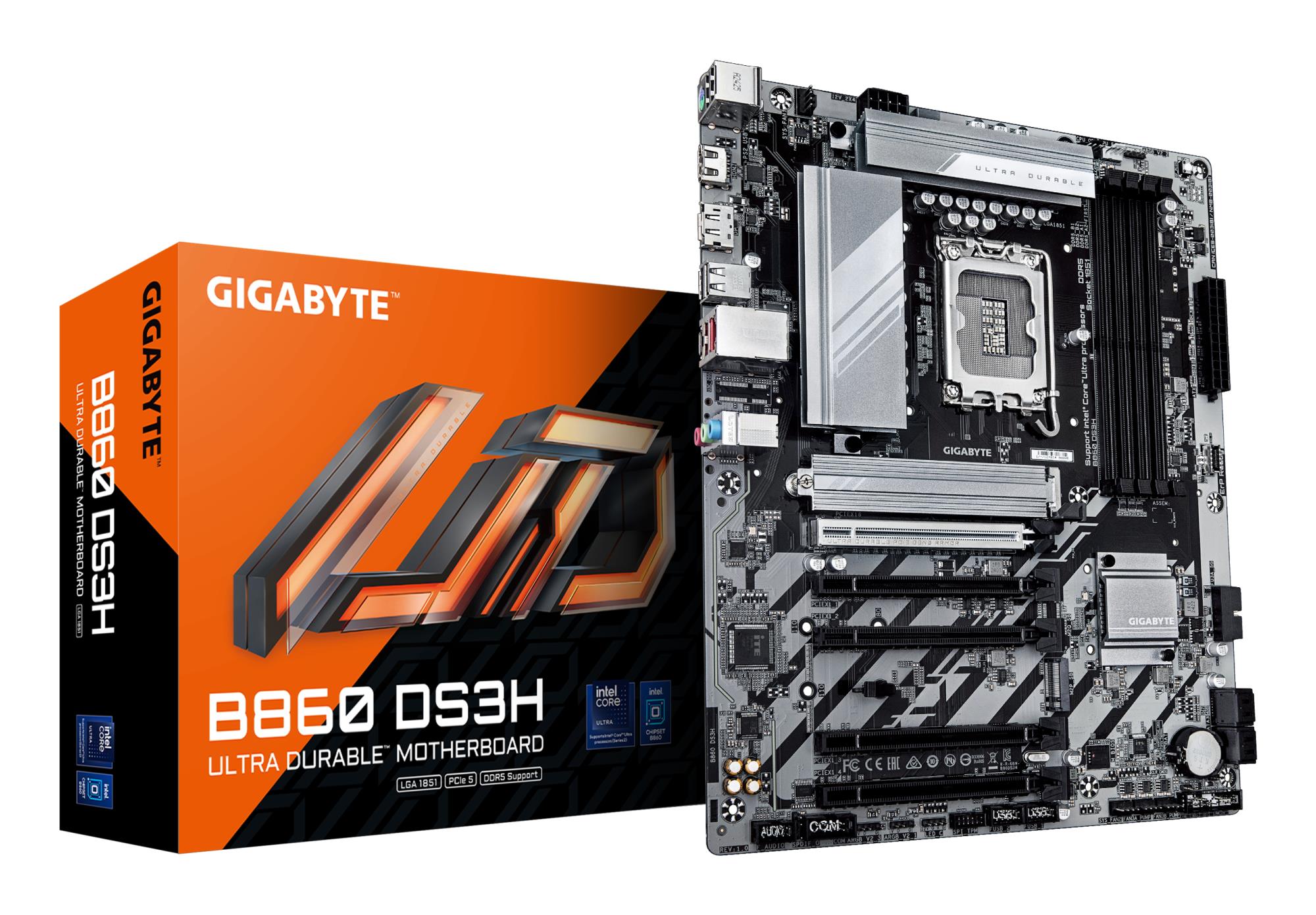 Mainboard GIGABYTE Intel B860 Express LGA1851 ATX Memory DDR5 Memory slots 4 4xPCI-Express 4.0 1x 1xPCI-Express 5.0 16x 2xM.2 1xHDMI 1xDisplayPort 4xUSB 2.0 1xUSB-C 1xPS/2 1xRJ45 3xAudio port B860DS3H