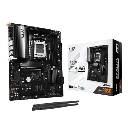 Mainboard ASROCK AMD B850 SAM5 ATX Memory DDR5 Memory slots 4 1xPCI-Express 4.0 16x 1xPCI-Express 5.0 16x 1xM.2 1xHDMI 1xAudio-In 1xAudio-Out 1xMicrophone 6xUSB 2.0 4xUSB 3.2 1xUSB-C 1xRJ45 B850PRO-AWIFI